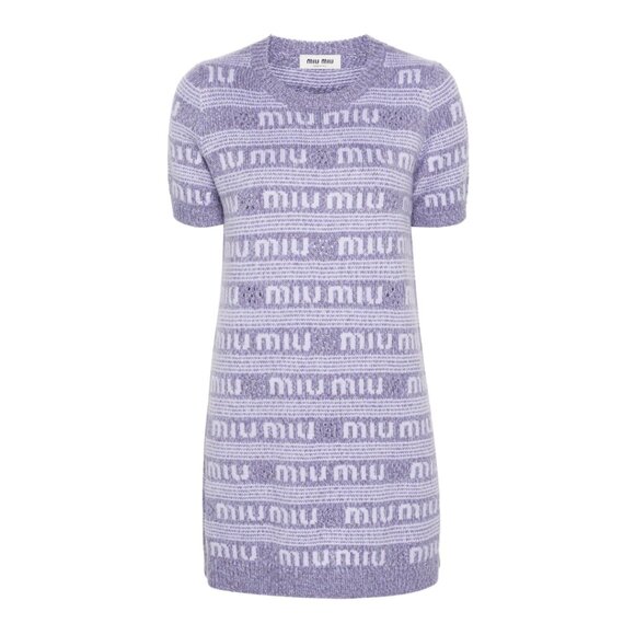 NWT Miu Miu Logo Intarsia Knit Shift Mini Dress Purple Cashmere Crew Neck Sz 38 - Picture 2 of 9